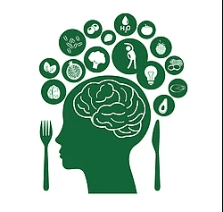 A green silhouette of a head with food in the shape of a brain.