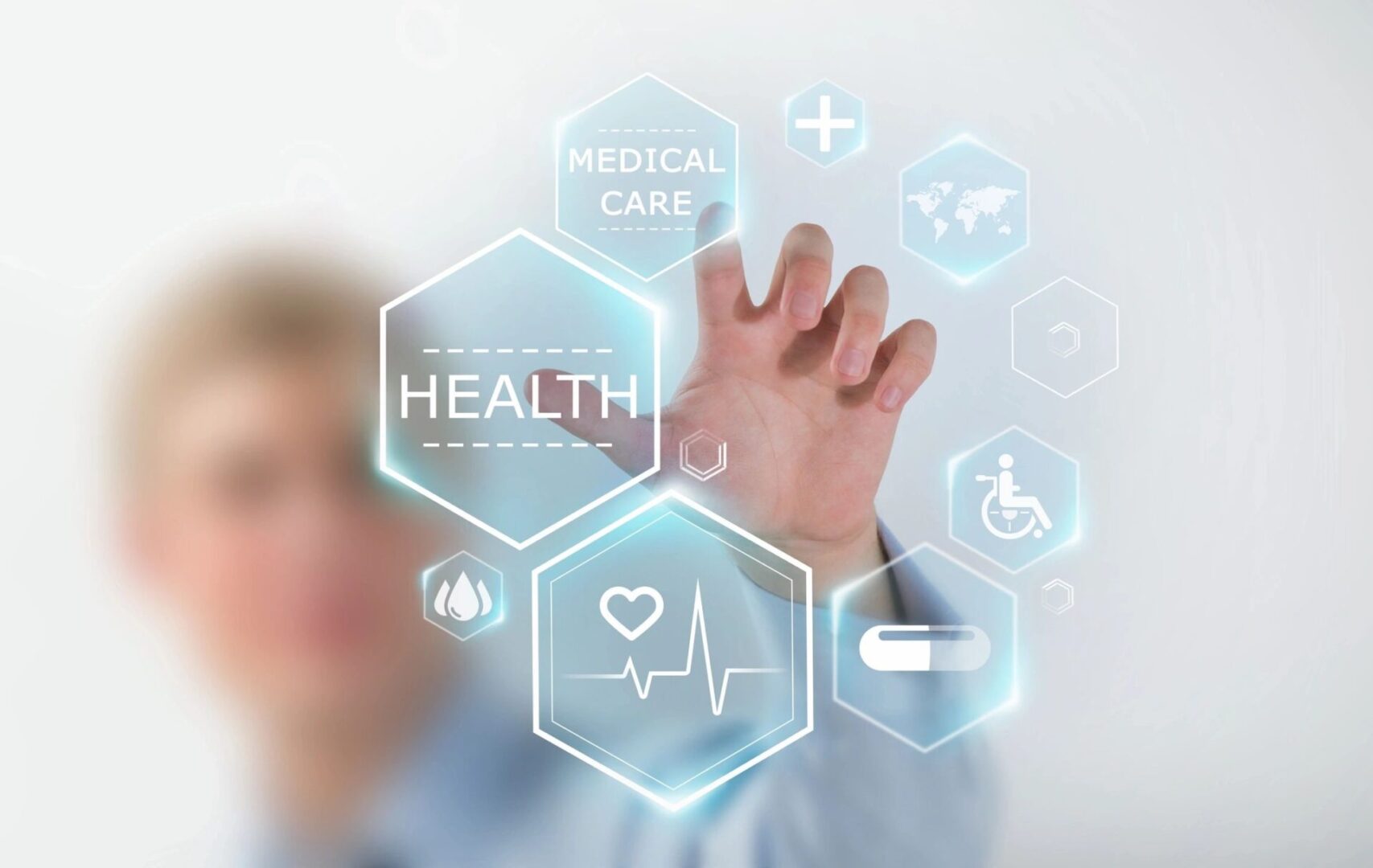 debunking A person touching an image of medical care.