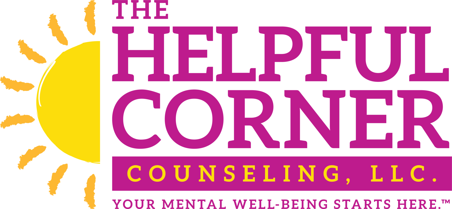 A green background with pink letters that say the helping corner counseling.