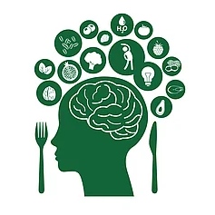 A green silhouette of a head with food in the shape of a brain.