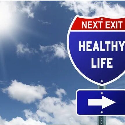 A road sign that says next exit healthy life